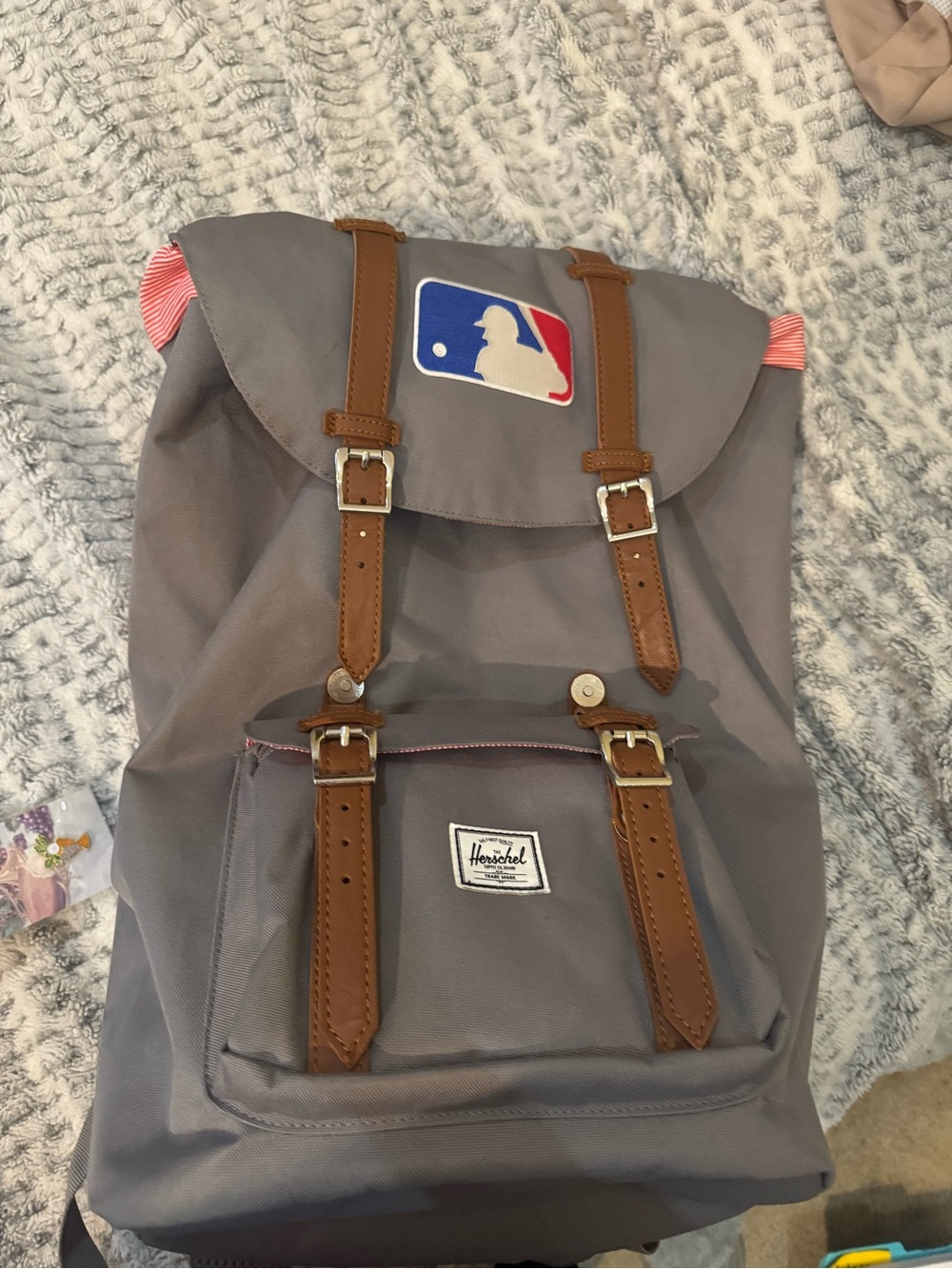 Herschel Supply Company Gray Backpack with Brown Trim and Red Accent